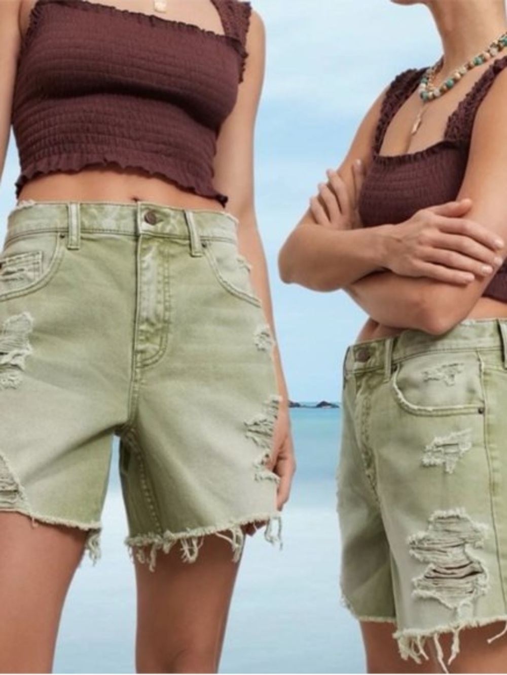 BDG Dropped Rise Women’s Distressed Shorts in Light Olive Green